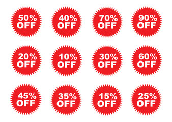 Collection of red starburst discount tags showing various percentage savings