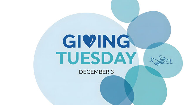 Giving tuesday december graphic with blue circles and heart symbol promoting charitable giving and donations