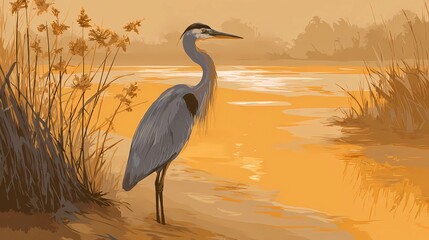 Obraz premium Still water and rustling reeds frame a lone heron standing quietly, perfect for wildlife or nature visuals.