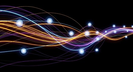 Fototapeta premium Abstract rendering featuring flowing light streaks in blue purple and orange on black background