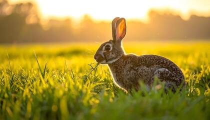 Rabbit in golden field at sunset