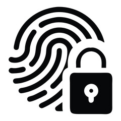 Fingerprint Authentication Icon: A minimalist black and white graphic featuring a detailed fingerprint seamlessly integrated with a padlock.
