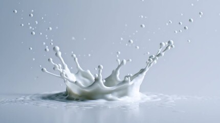 Slow motion milk splash creating crown shape on smooth surface with droplets flying, captured in high speed, isolated on white background - Powered by Adobe