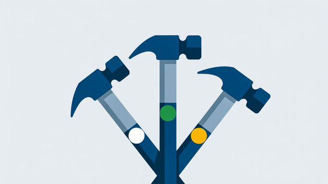 A minimalist vector illustration of three hammers arranged in a Y-shape formation against a white background. - Powered by Adobe