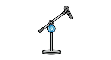 A simple cartoon illustration of a microphone on a stand, commonly used for recording, broadcasting, or live performances.