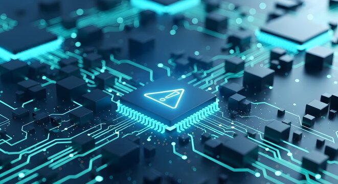 Close up of a glowing blue circuit board with an error symbol and dark cube components shown