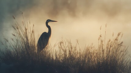 Obraz premium Reeds sway as heron watches water below, illustrating delicate balance of bird and habitat.