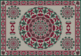 Elegant carpet design featuring a large central mandala with floral motifs in red and green, surrounded by symmetrical smaller mandalas and intricate border patterns.