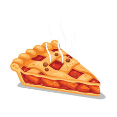 A delicious slice of steaming hot apple pie with a lattice crust, ready to be served.