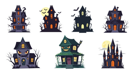 Collection of cartoon haunted houses with spooky details, perfect for Halloween designs and decorations.