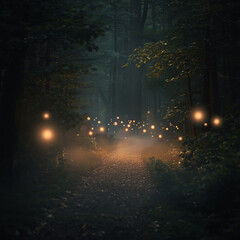 Fototapeta premium A dark forest path with floating balls of light—an ethereal glowing mist