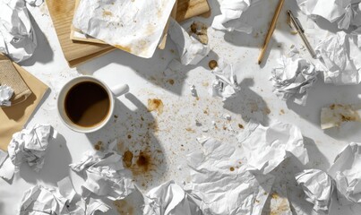 Messy workspace with crumpled paper and coffee stains