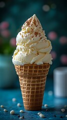 Delicious vanilla ice cream cone with chocolate topping Images