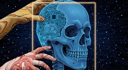 Hands interacting with a blue skull with circuit patterns on a dark background with lines