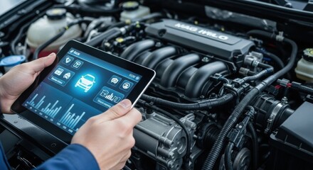 Automotive Diagnostics: Tablet Interface Displaying Car Data Over Engine Bay