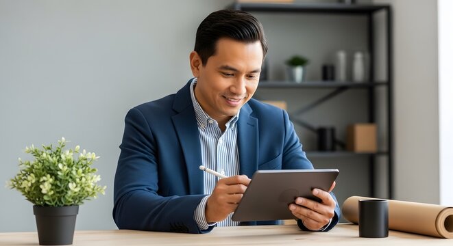Man in blue blazer using tablet with stylus at desk with plant and cylindrical objects present