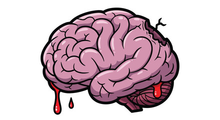 A cartoon illustration of a damaged human brain with blood dripping from it.