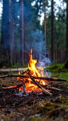 Campfire in the woods at dusk