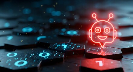 Red robot head icon glowing on dark hexagonal surface with binary code and blue light effects