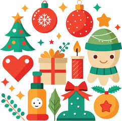 Vector art of a vibrant assortment of christmas symbols including a christmas tree, heart, baubles, gift box, candle, snowman, and mistletoe, isolated on a