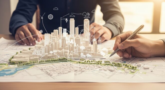 Urban Planning Architects Working on City Development Model with Digital Overlay