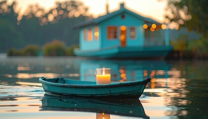 A teal rowboat, adrift on calm water at sunset, holds a lit candle; a quaint lakeside house softly glows in the background