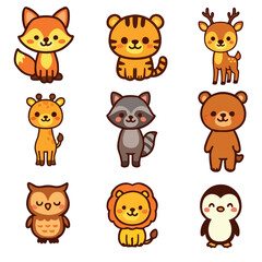 A fun vector cartoon animal collection featuring a set of faces like the cat, dog, bear, pig, lion, fox, tiger, panda, rabbit, tiger, cow, and sheep for your baby icon illustration.
