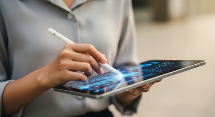 Woman using a stylus on a tablet displaying data charts and graphs in a business setting outdoors