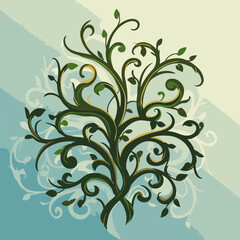 Obraz premium Ornate, decorative tree design with a light blue background. Intricate swirls, branches and foliage with detailed leaves.