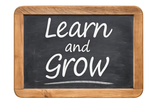 A chalkboard displaying the inspirational phrase "Learn and Grow" in white cursive lettering.