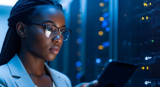 Woman with glasses using a tablet in a server room with blue lights and server racks visible