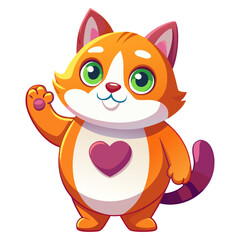 A cute, chubby, cheerful cartoon cat character waving and saying hello.
