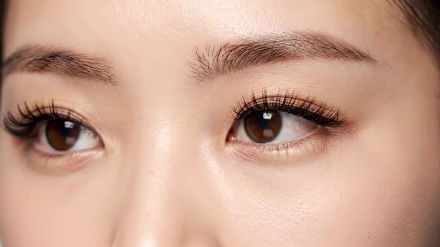 Stunning close up of a young woman's expressive brown eyes with perfectly applied false lashes and natural brows
