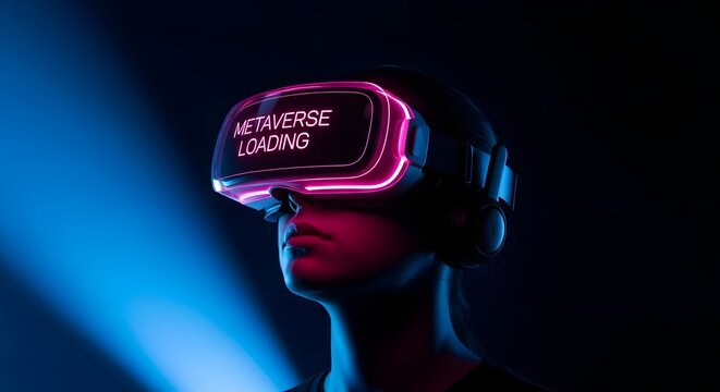 Woman wearing vr headset with metaverse loading text illuminated in pink and blue lighting effect