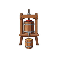 A wooden cider press with a barrel collecting the juice, illustrating the process of making apple cider.