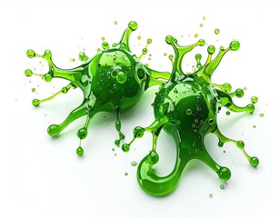 Two vibrant green, bioluminescent, liquid blobs with spiky, dynamic appendages, isolated on a white background