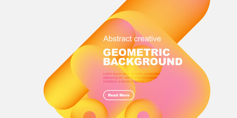 Vibrant abstract shapes overlap, creating dynamic geometric background. Text block present with call to action button.
