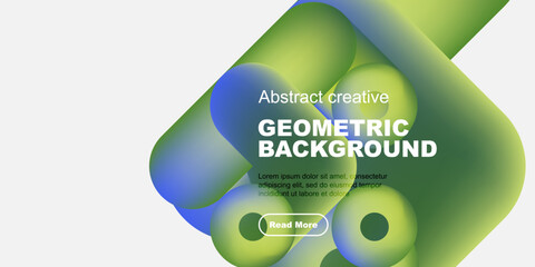 Abstract geometric background features vibrant green, blue shapes. Text includes geometric background, sample text, button. Minimalist design.