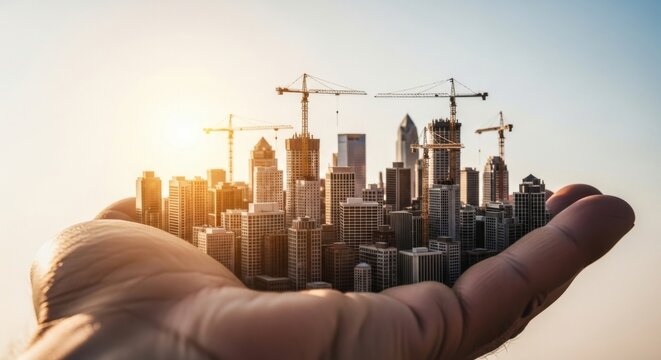 Hand Holding Cityscape with Construction Cranes and Skyscrapers at Sunset