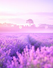Serene sunrise over a vast lavender field, misty and soft-focus, single tree silhouetted in the distance