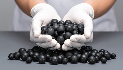 Gloved hands gently cradle a pile of dark, spherical objects, some spilling onto a grey surface