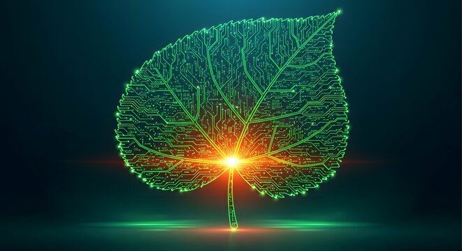 A digital leaf with green circuit board patterns and a bright light on a dark teal background