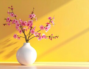 Delicate pink blossoms in a simple white vase against a sunny yellow wall.  Sunlight casts shadows, creating a serene spring scene