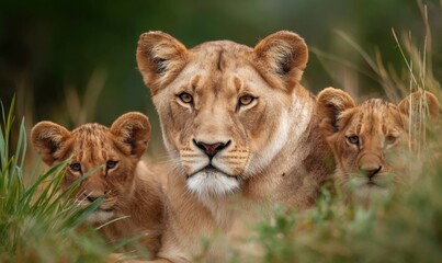 Obraz premium Lioness and cubs in tall grass