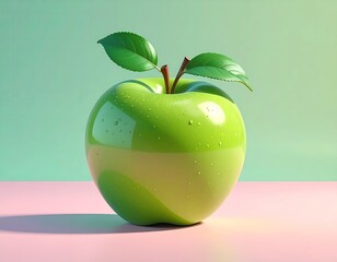 A vibrant green apple with two leaves sits on a pale pink surface against a mint green backdrop;  smooth, glossy texture; subtle lighting