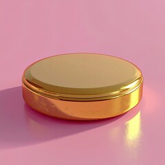 Polished gold cylindrical container on pink background, reflecting light
