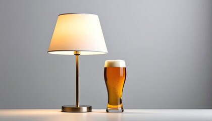 Illuminated table lamp and pint of beer on a minimalist white surface against a neutral backdrop