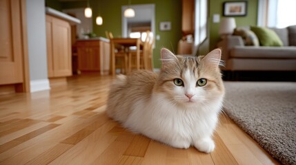 Fluffy Calico Cat Posing Indoors on Hardwood Floor with Home Interior Background and Natural Lighting with AI Defacts