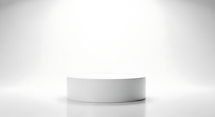 A single white cylindrical pedestal on a reflective white surface, illuminated by spotlights, isolated on white background