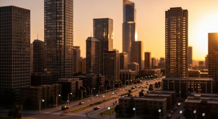Obraz premium Sunset Cityscape with Tall Modern Skyscrapers and Bright Streetlights in Downtown Urban Area